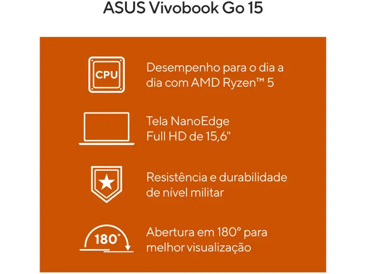Notebook ASUS Vivobook Go 15 AMD Ryzen 5 7520U 8GB RAM 512GB SSD 15,6″ Full HD Windows 11 E1504FA-NJ836W