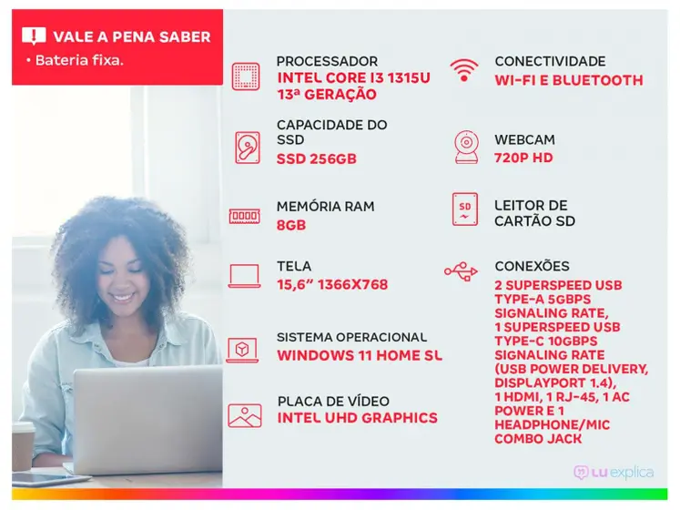 Notebook HP 256R G9 Intel Core i3 1315U 8GB 256GB 15,6” Windows 11 Intel UHD Graphics BQ9K8AT