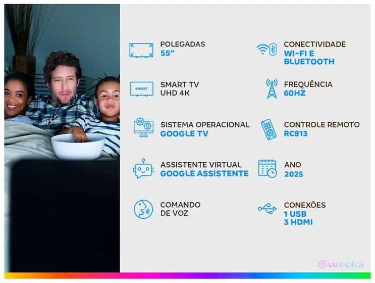 Smart TV 55″ SEMP 4K LED 55S62 Google TV AiPQ Pro Google Assistente 3 HDMI e USB