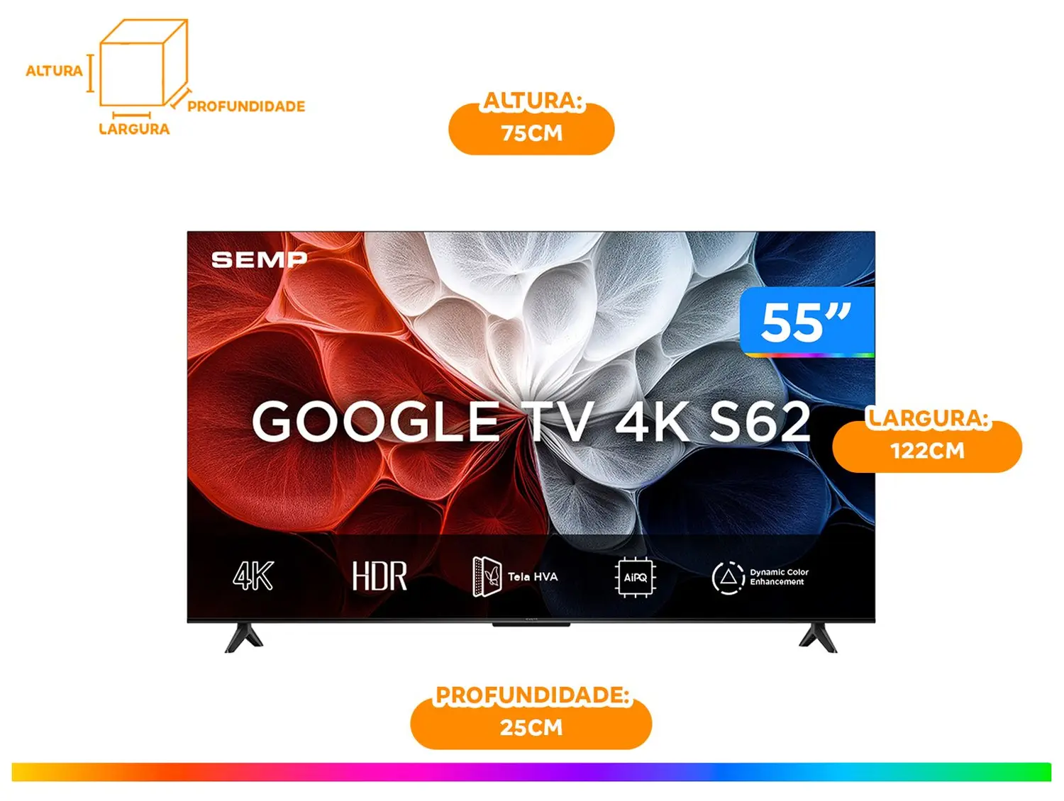 Smart TV 55″ SEMP 4K LED 55S62 Google TV AiPQ Pro Google Assistente 3 HDMI e USB