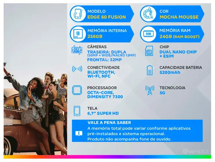 Smartphone Motorola Edge 60 Fusion 256GB 5G 24GB RAM Mocha Mousse 6,7″ Câm. Dupla + Selfie 32MP