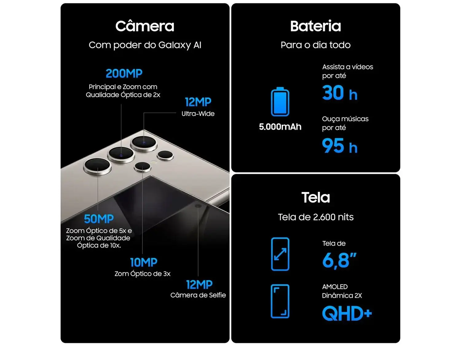 Smartphone Samsung Galaxy S24 Ultra 6,8″ Galaxy AI 256GB Titânio Preto 5G 12GB RAM Câm. Quádrupla 200MP + Selfie 12MP Bateria 5000mAh Dual Chip